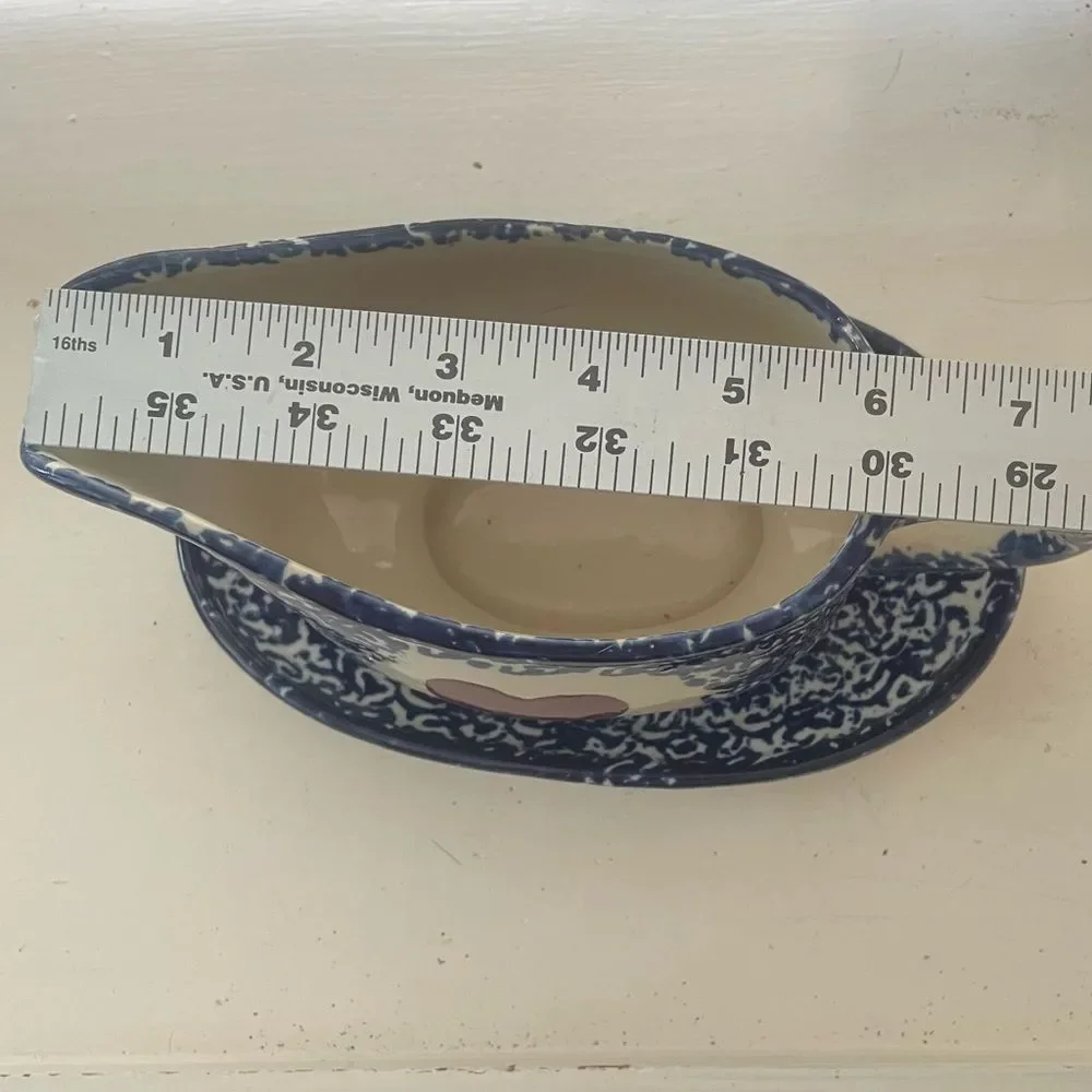 Vintage Ceramic Glazed Gravy Boat and Tray Cobalt Blue and White With Red Heart